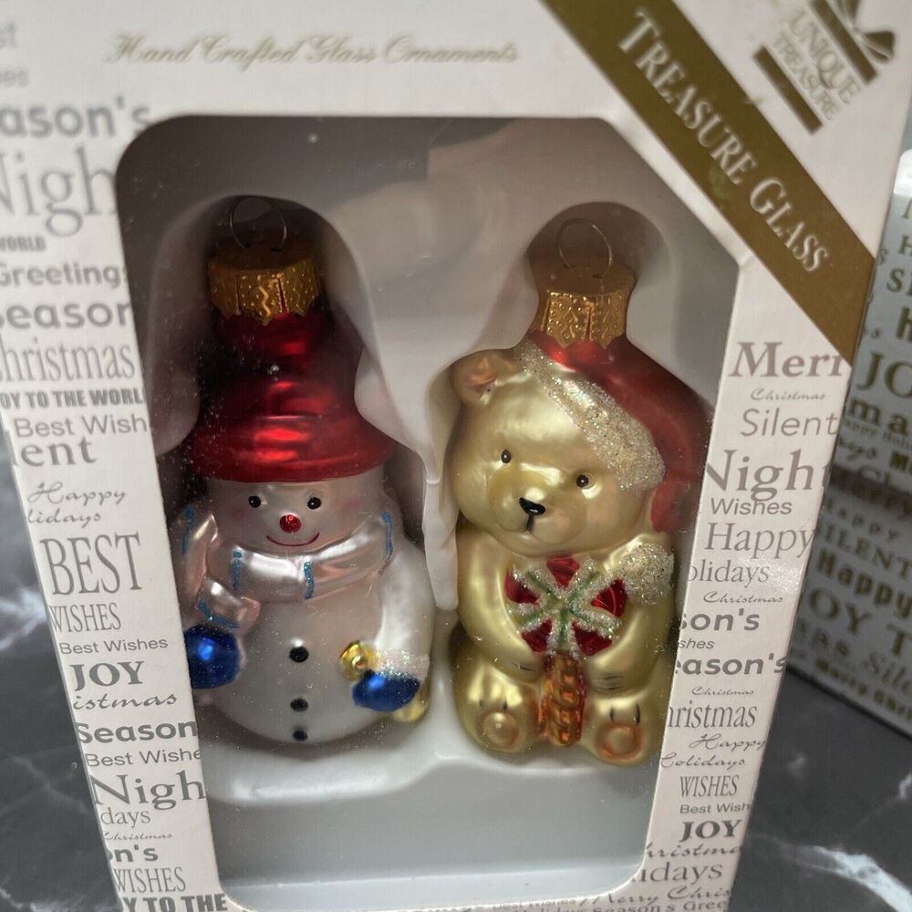 Unique‎ Treasures Set 2 Hand Blown Glass Christmas Ornaments Bear Snowman 3" New